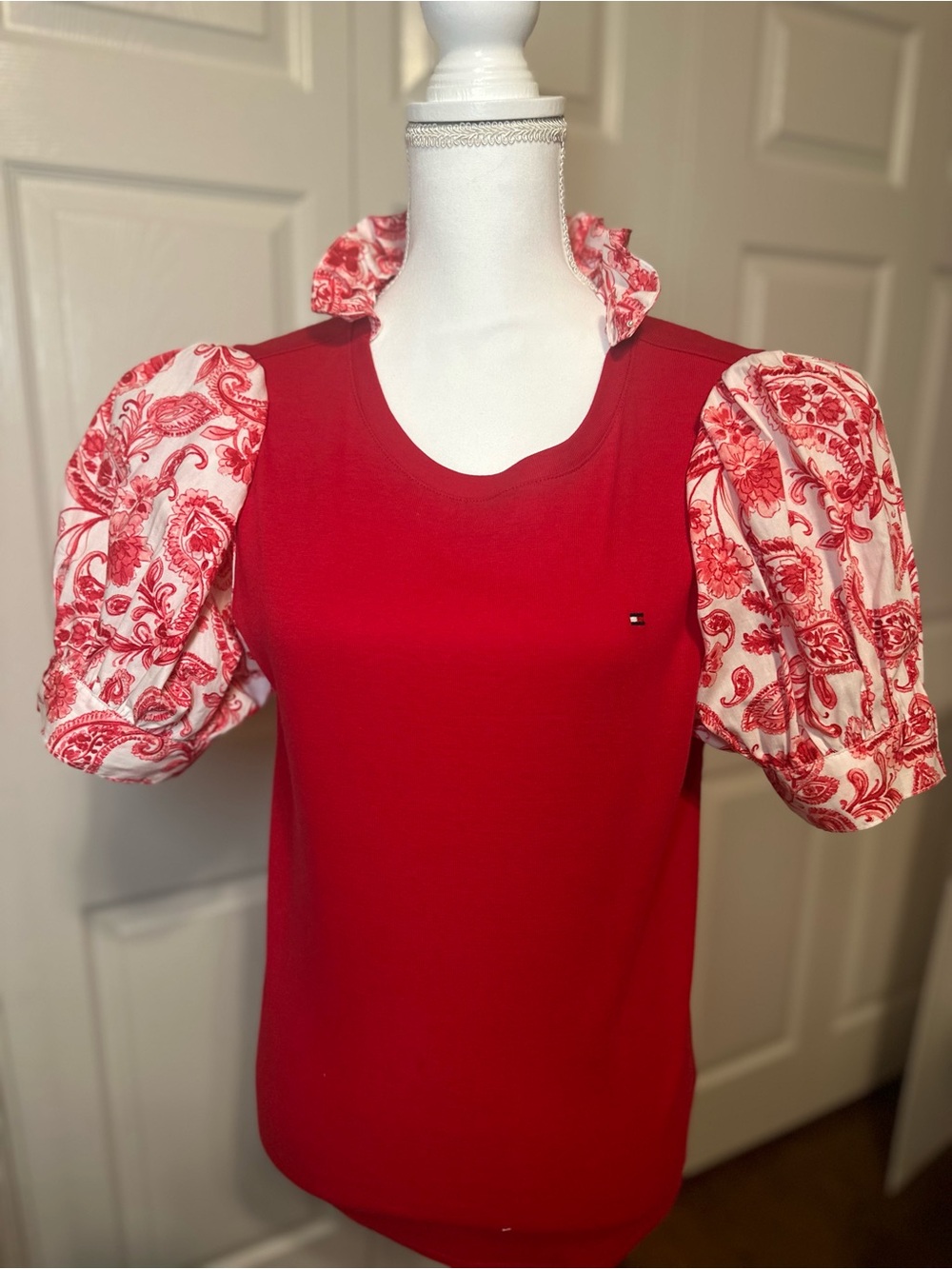 Tommy Hilfiger Red Tee with Red and White Paisley Puff Sleeves